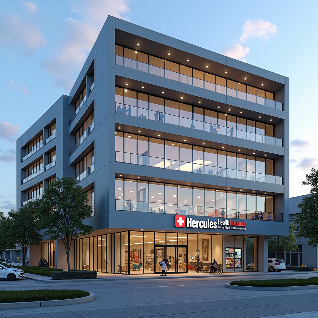 Fachada moderna de centro médico asociado a HERCULES SALUD SEGUROS con diseño arquitectónico contemporáneo, amplias cristaleras, entrada principal accesible y señalización corporativa visible