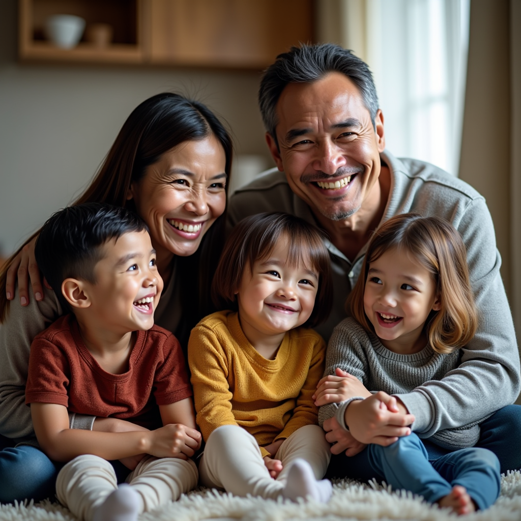 Familia feliz reunida en casa, padres e hijos sonriendo juntos, ambiente cálido y acogedor que transmite seguridad y protección familiar