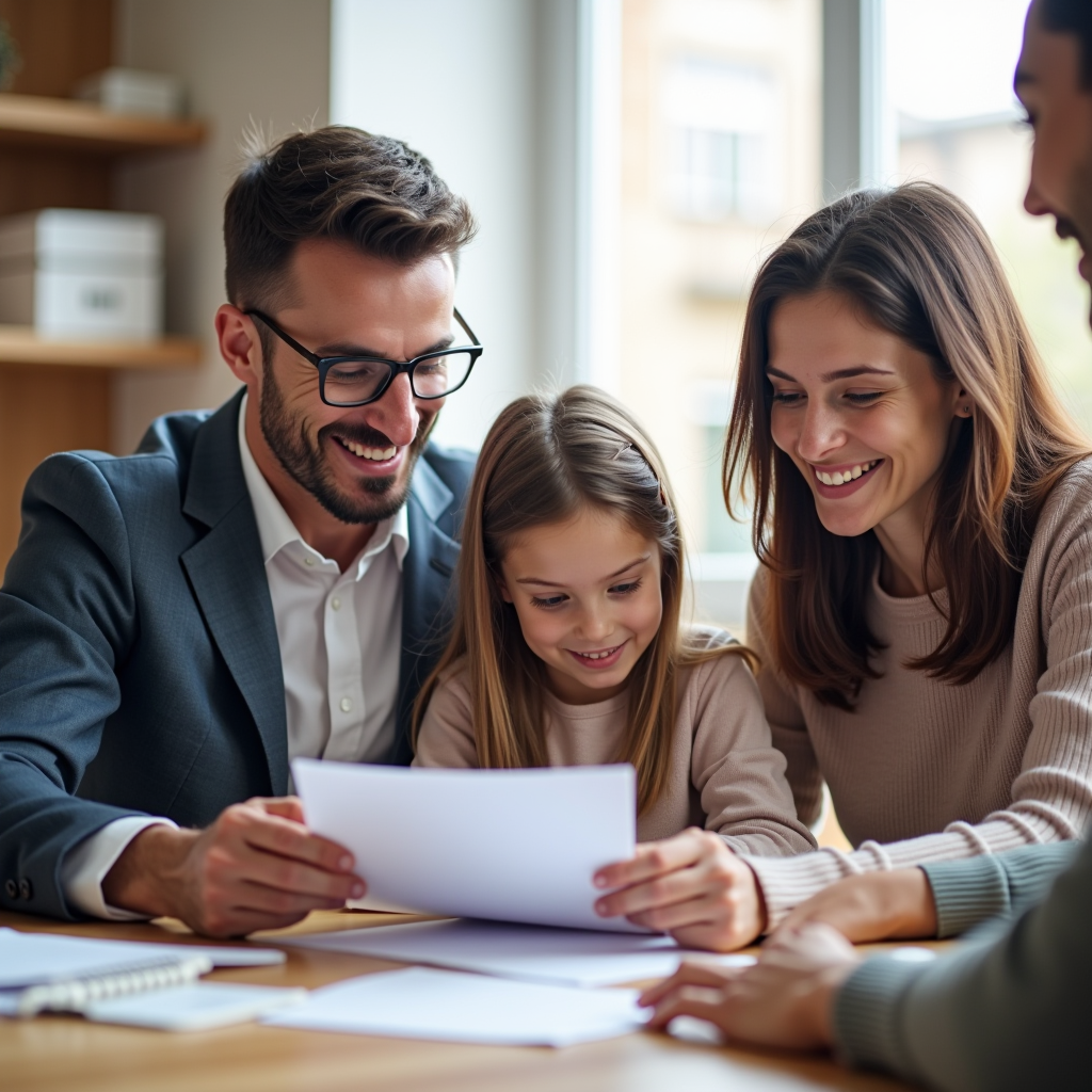 Familia gallega sonriente reunida con asesor de seguros de salud en oficina luminosa, revisando documentos de pólizas médicas sobre mesa de madera