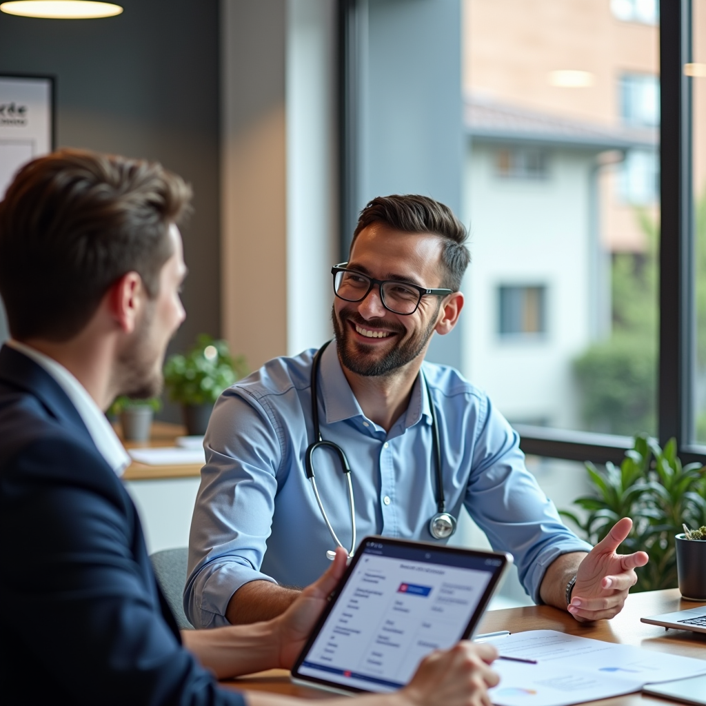 Consultor profesional de seguros de salud de HERCULES SALUD SEGUROS asesorando personalmente a un cliente en oficina moderna y luminosa en A Coruña, Galicia, mostrando diferentes opciones de pólizas en tablet