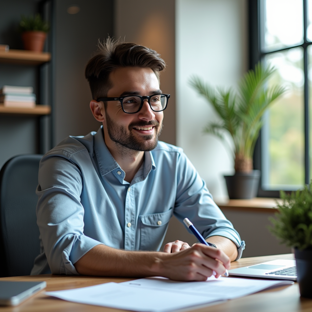 Profesional autónomo trabajando en oficina moderna revisando documentación de seguros de salud con laptop y papeles sobre escritorio