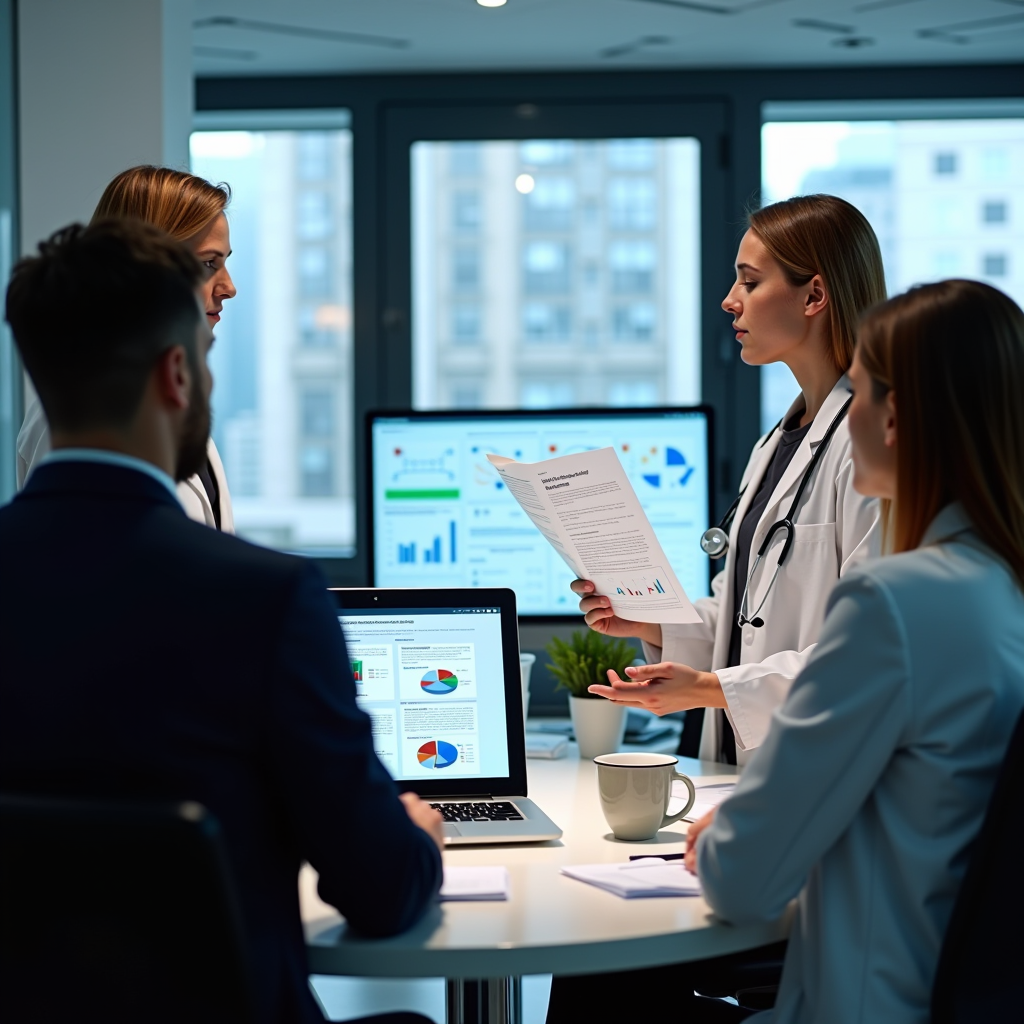 Equipo de especialistas en seguros de salud analizando documentación de diferentes compañías aseguradoras en una oficina moderna, con gráficos comparativos y tablas de coberturas médicas en pantallas digitales