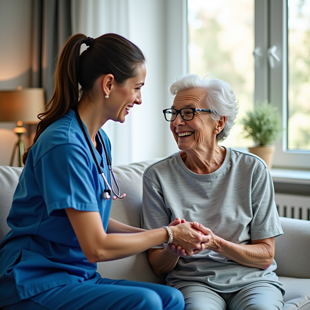 Profesional de enfermería uniformada atendiendo con cuidado a una persona mayor sonriente en un ambiente hogareño luminoso, mostrando calidez y profesionalidad en el servicio de asistencia domiciliaria