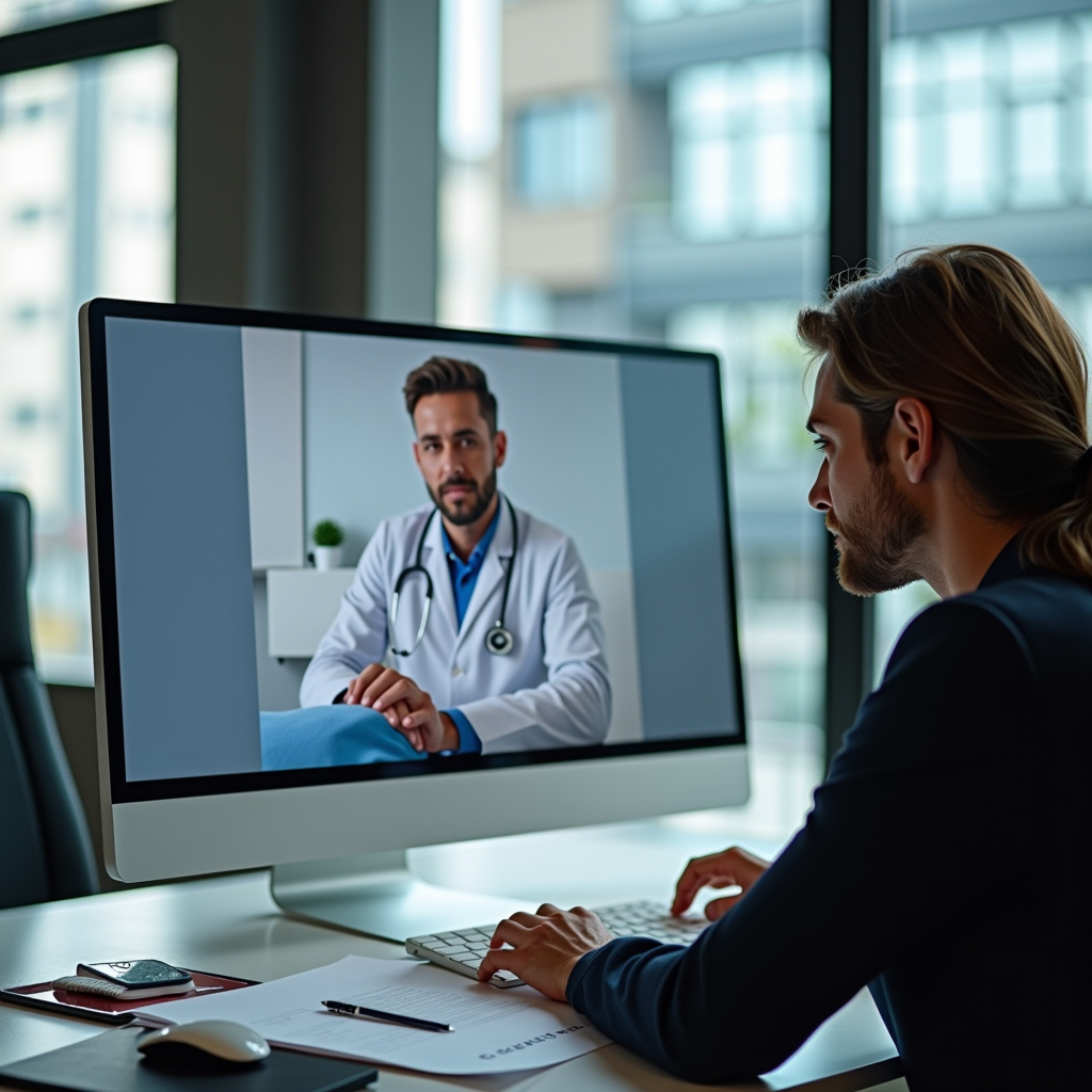 Profesional de HERCULES SALUD SEGUROS realizando consultoría de seguros de salud por videoconferencia desde oficina moderna, con cliente visible en pantalla de ordenador, ambiente profesional y tecnológico en Galicia