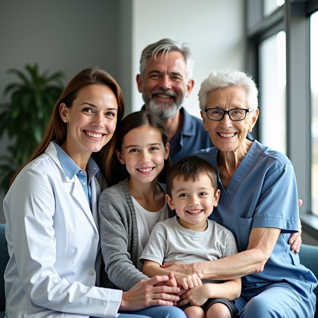 Familia multigeneracional sonriente compuesta por padres, hijos y abuelos en una moderna consulta médica, transmitiendo confianza y bienestar en un ambiente profesional y acogedor