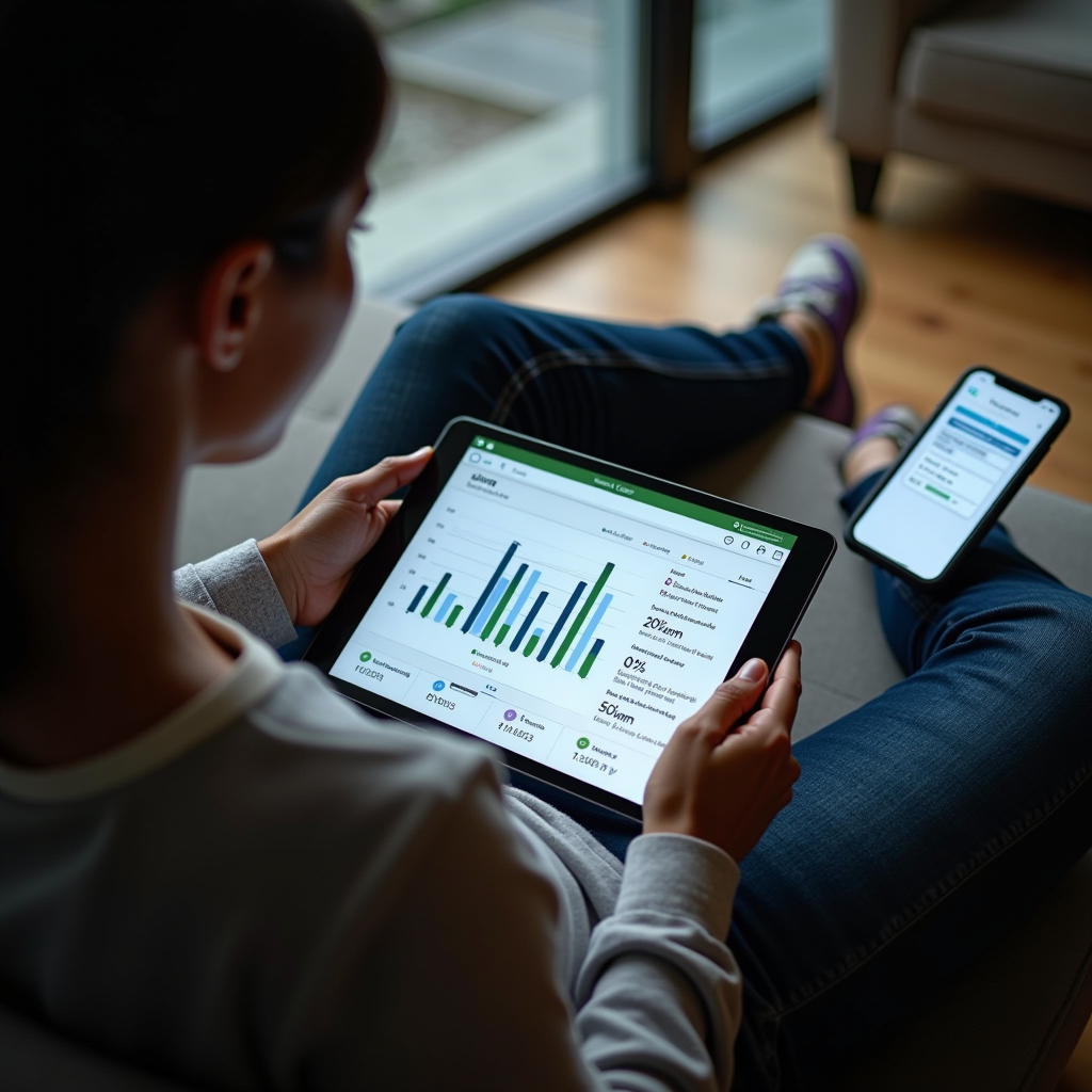 Persona usando tablet y smartphone para gestionar servicios online, interfaz moderna y amigable, ambiente de comodidad y tecnología accesible