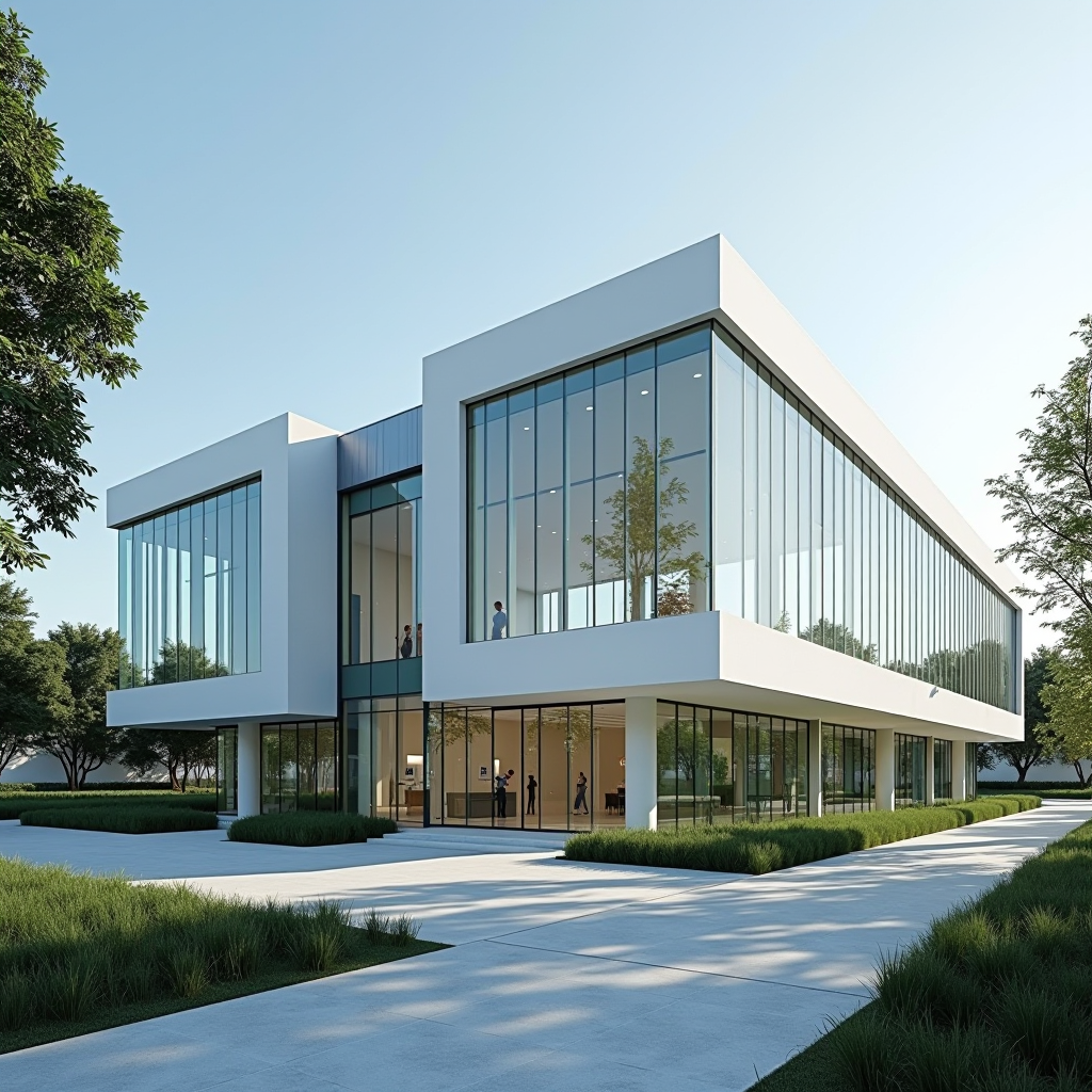 Fachada moderna y luminosa de un centro médico contemporáneo con arquitectura de cristal y líneas limpias, rodeado de vegetación, representando instalaciones de salud de última generación en Galicia